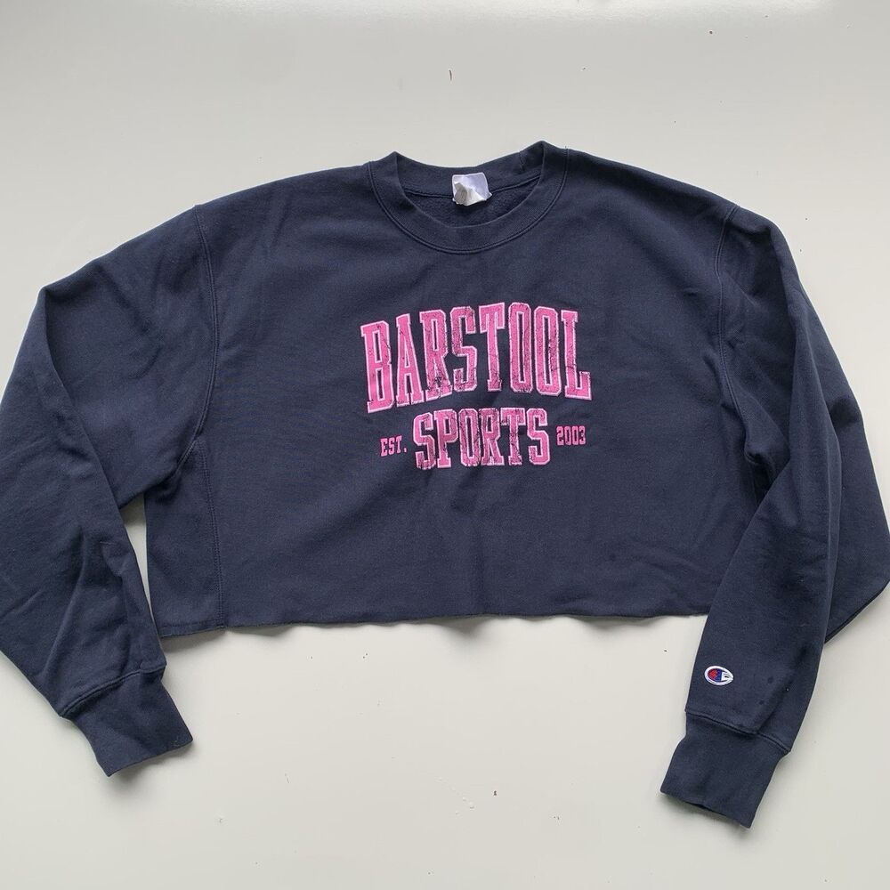 Barstool Sports Women's Cropped Champion Reverse Weave Hoodie  Navy Blue Small